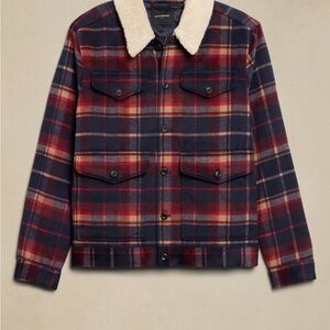 Red and Blue Lightweight Plaid Jacket with Warm Sherpa Collar